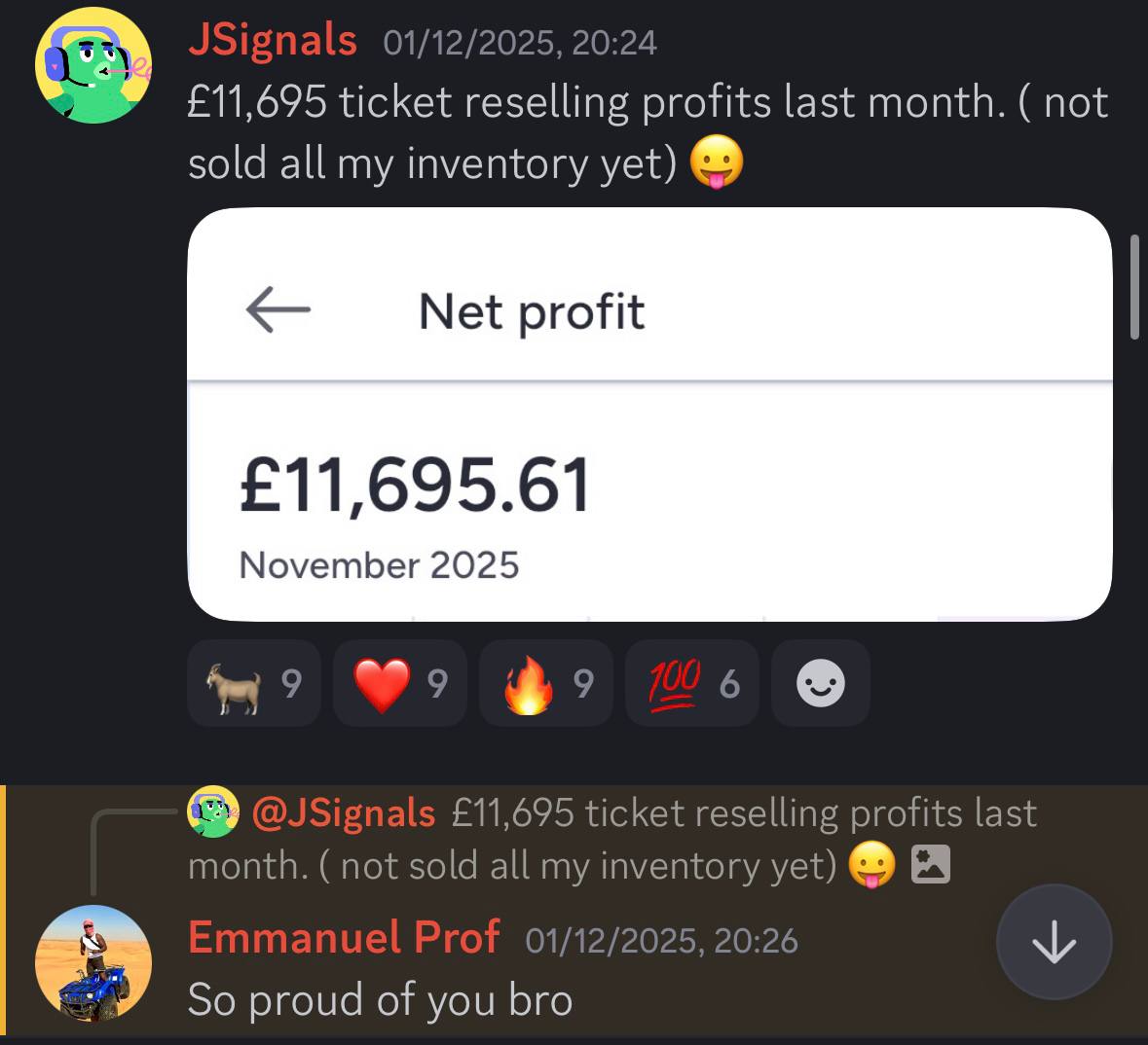 £11,695 ticket reselling profits last month. (not sold all my inventory yet)