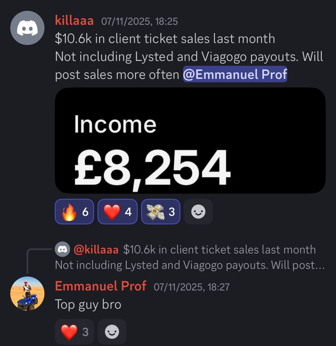 $10.6k in client ticket sales last month Not including Lysted and Viagogo payouts. Will post sales more often